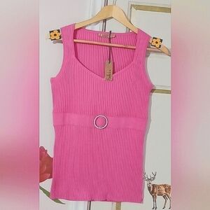 BELLDINI🐞Pink Ribbed Knit Sweater Vest with Rhinestone Belted Sz: XL